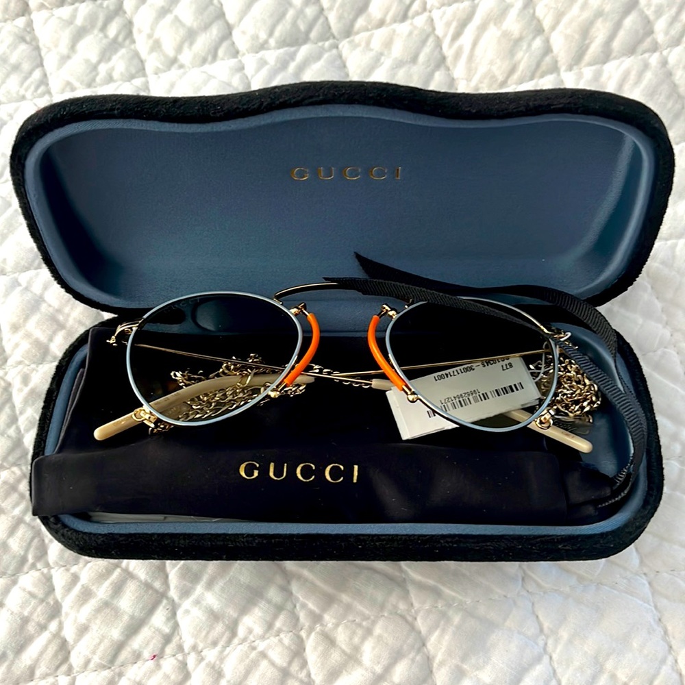 Gucci Women’s Round Metal Sunglasses in Black and Orange with Gold Accents